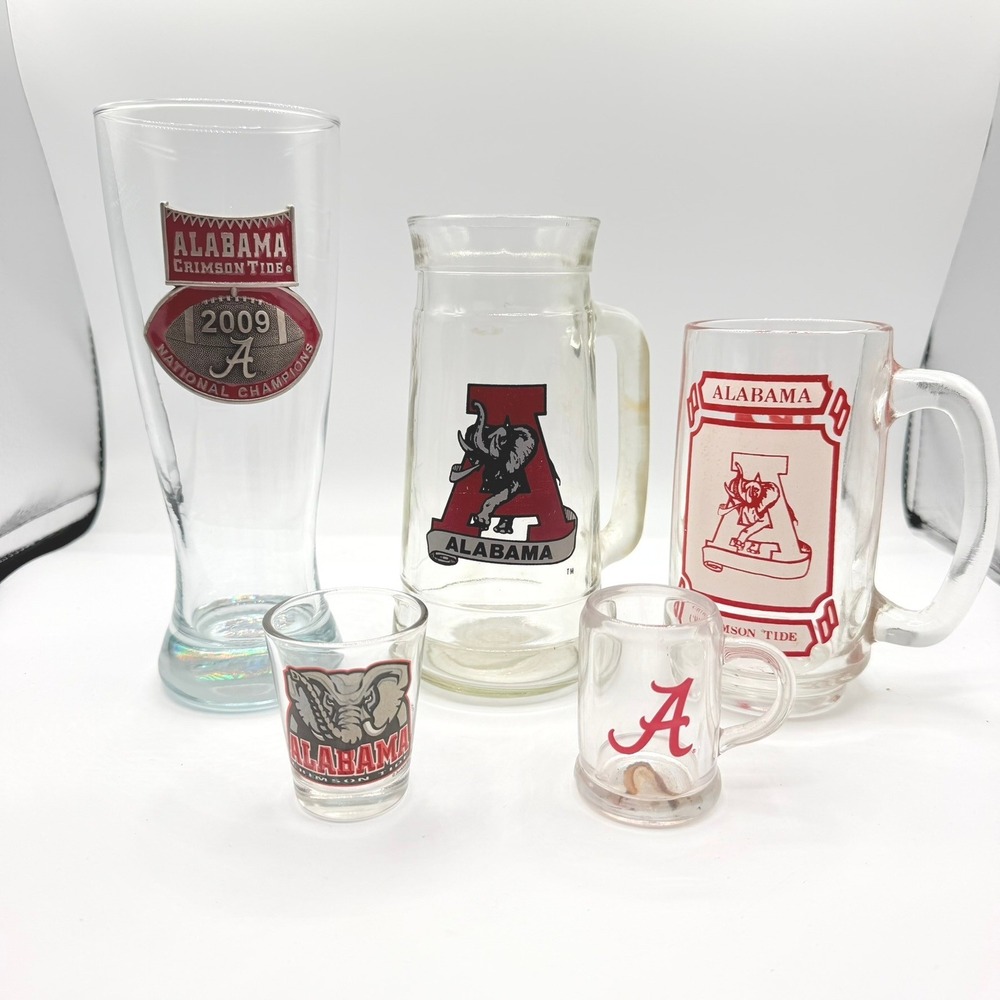 Alabama Crimson Tide Glassware Set 5pc Pilsner Mugs Shot Glasses Good Condition